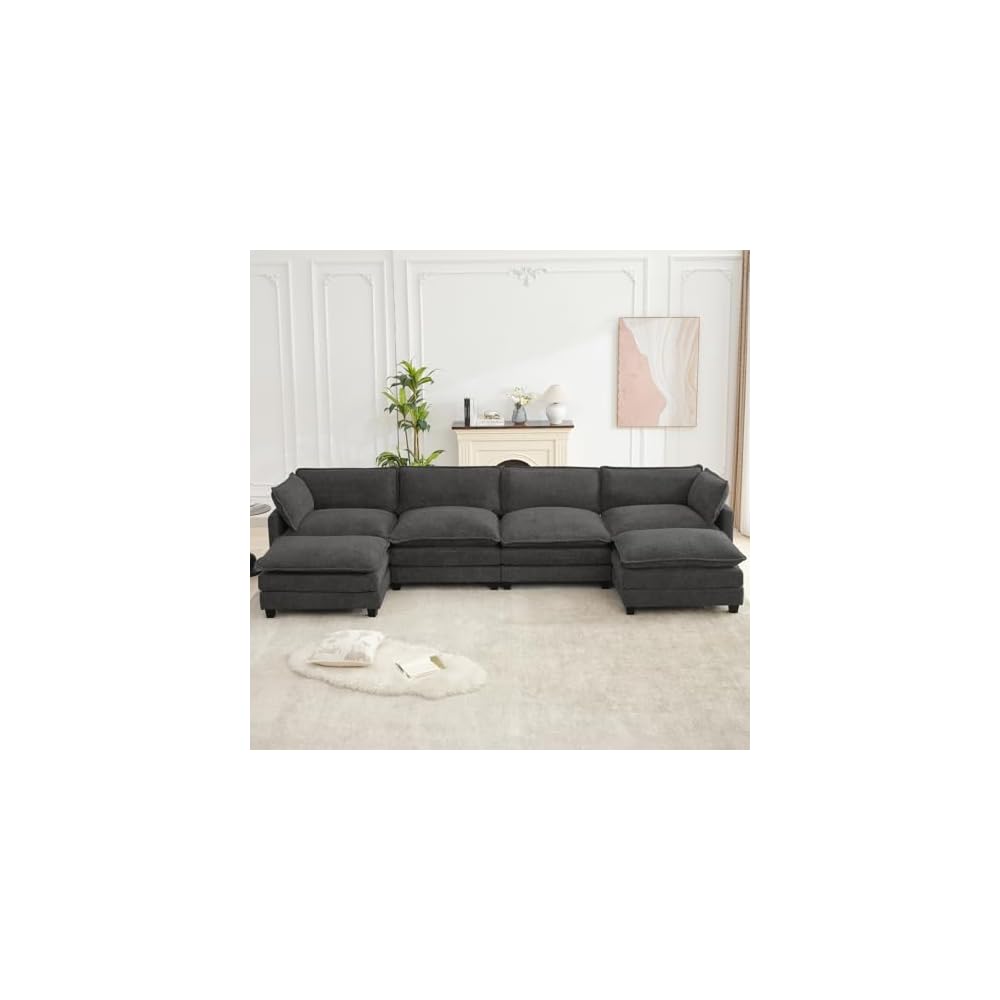 ROWHY Oversized Modular Sectional Couch with 2 Movable Ottoman, 148" Modern Convertible U Shaped Sofa Set, 4 Seat Comfy Cloud Couch with 2 Throw Pillows, for Living Room, Chenille, Charcoal Grey