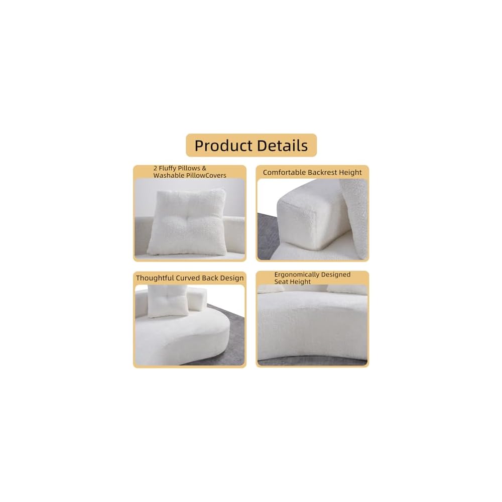 80'' Curved Loveseat Sofa Couch for Living Room, Deep Seat Cloud Boneless Floor Couch with 2 Pillows, Comfy Chenille Floor Sofa, Modern Round Loveseat Sofa for Small Space (CreamWhite, 80 Inch)