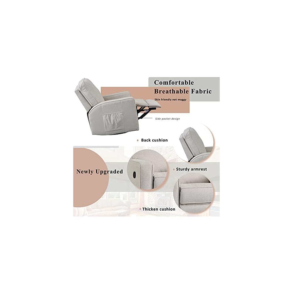 Recliner Chair Rocking and 360°Swivel Glider Recliner Chair Manual Rocking Chairs with Pull Button Fabric Ergonomic Living Room Lounge Chair Single Sofa