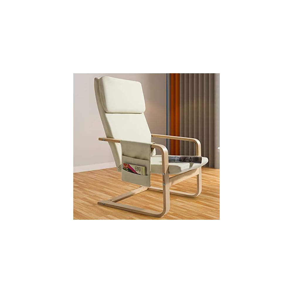 BAKAJI Birch Wood Armchair with Cotton Cover Padded in Very High Density Sponge, Relax Armchair with 2 Compartments Bag and Cushion, Ergonomic Seat (Beige)
