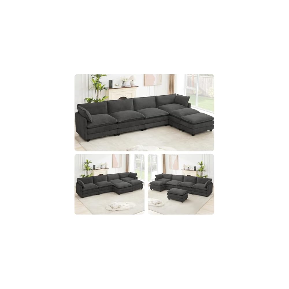 ROWHY Oversized Modular Sectional Couch with 2 Movable Ottoman, 148" Modern Convertible U Shaped Sofa Set, 4 Seat Comfy Cloud Couch with 2 Throw Pillows, for Living Room, Chenille, Charcoal Grey