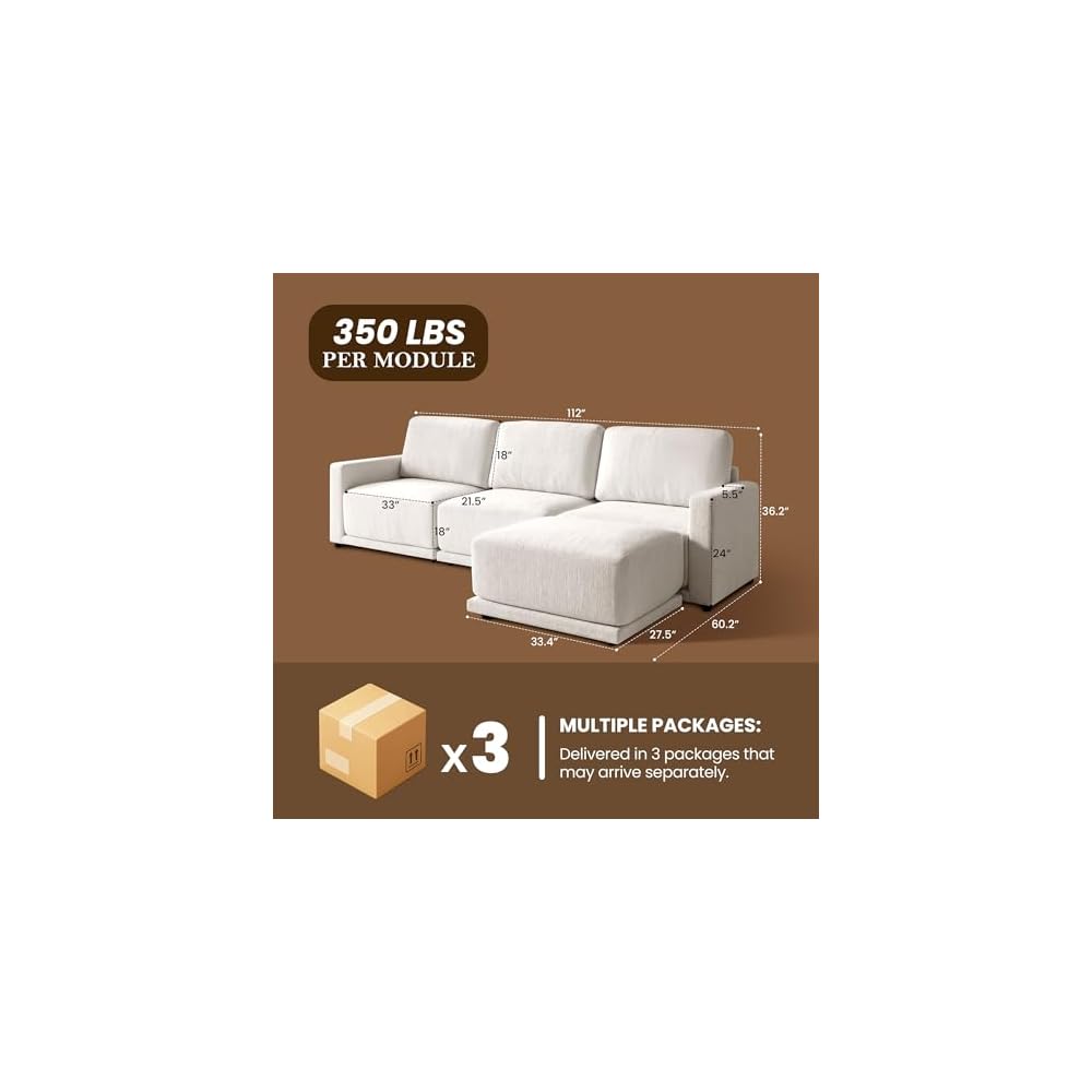 112" L-Shaped Modular Couch, 3 Seater Sofa with Ottoman, White