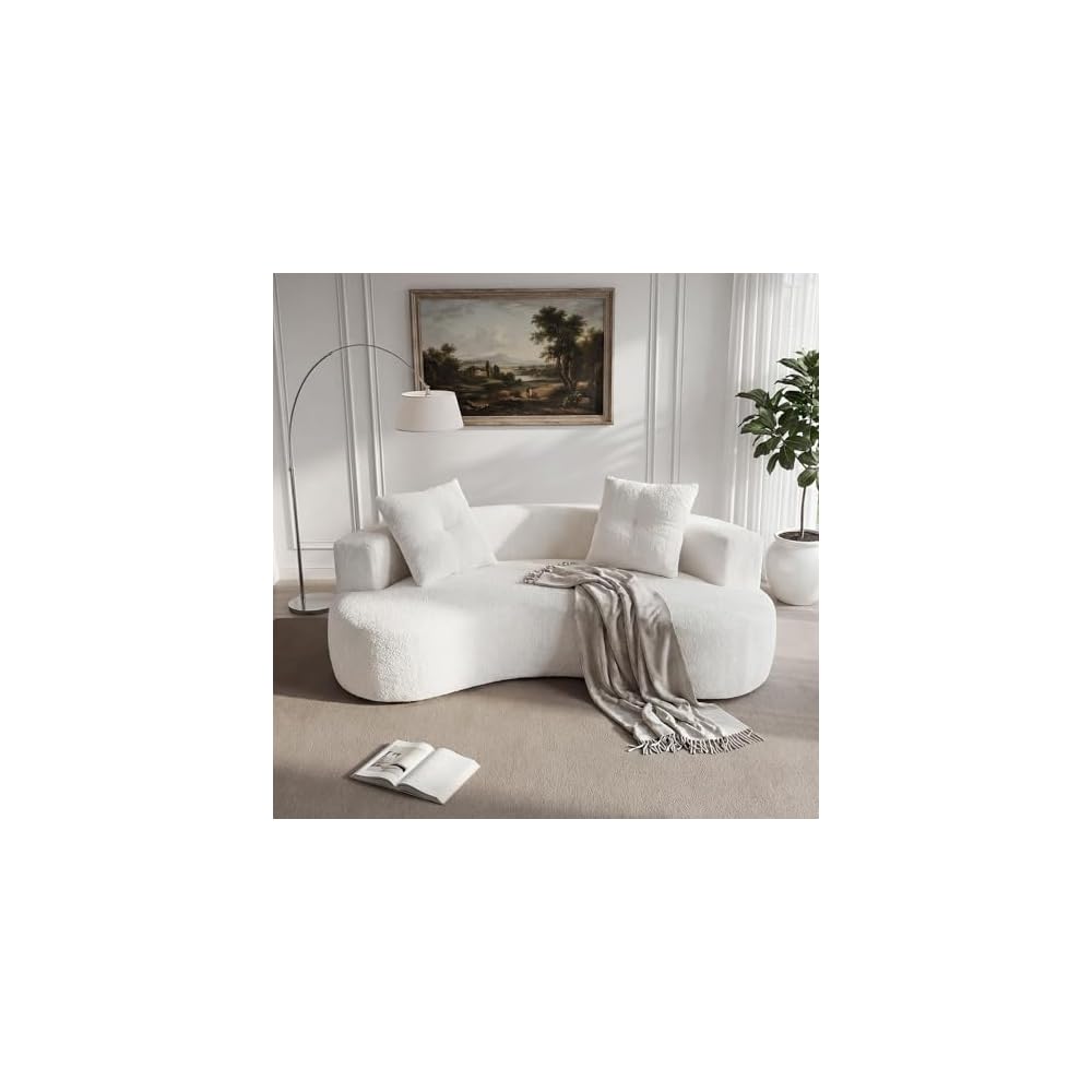 80'' Curved Loveseat Sofa Couch for Living Room, Deep Seat Cloud Boneless Floor Couch with 2 Pillows, Comfy Chenille Floor Sofa, Modern Round Loveseat Sofa for Small Space (CreamWhite, 80 Inch)