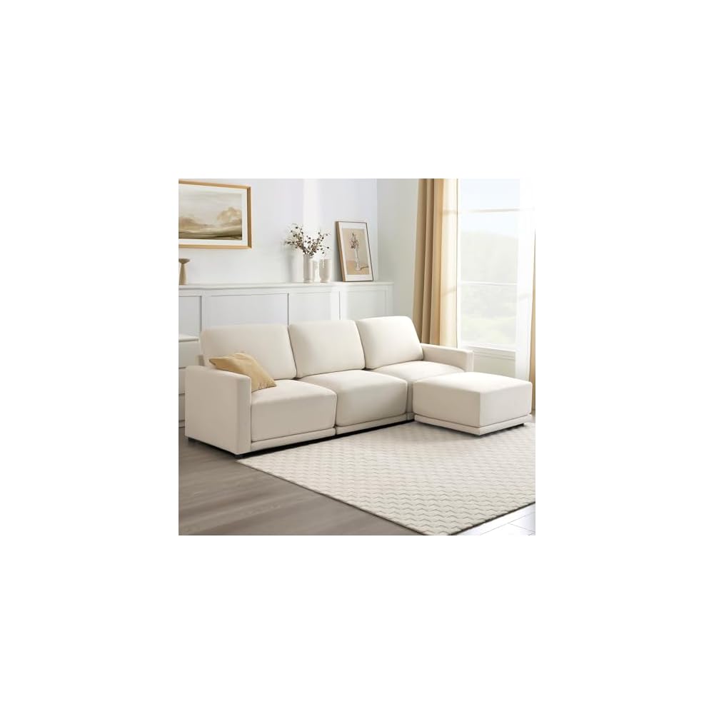 112" L-Shaped Modular Couch, 3 Seater Sofa with Ottoman, White