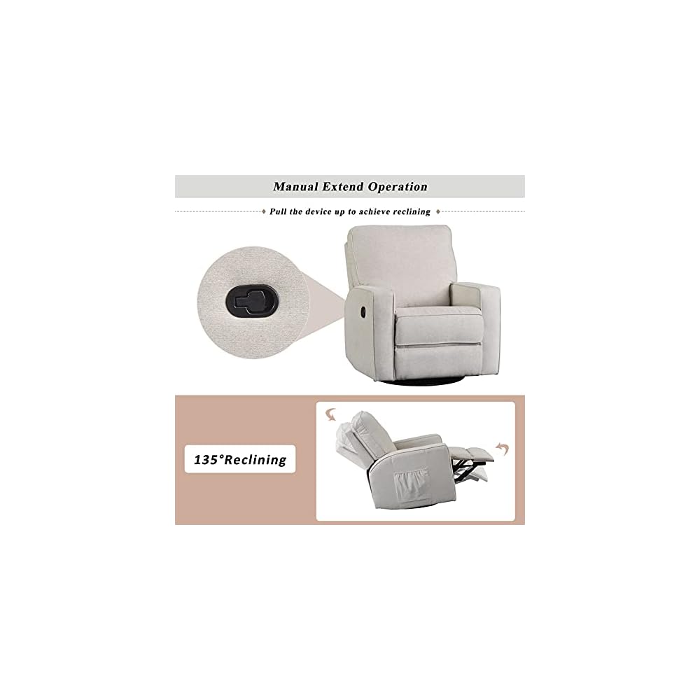 Recliner Chair Rocking and 360°Swivel Glider Recliner Chair Manual Rocking Chairs with Pull Button Fabric Ergonomic Living Room Lounge Chair Single Sofa