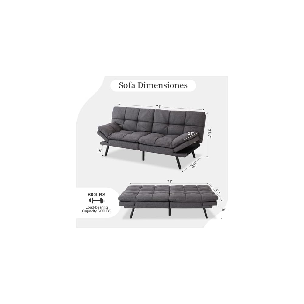 Opoiar Futon Sofa Bed Convertible Memory Foam Couch Bed, Modern Sleeper Sofa with Adjustable Armrests&Backrests, Christmas Futon Sets for Compact Living Spaces Office Dorm Bonus Room,Grey