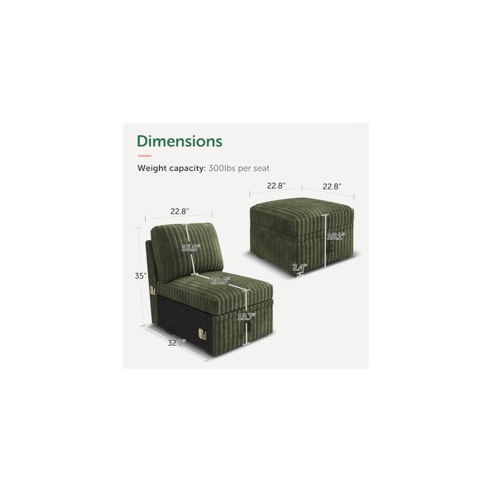 HONBAY Corduroy Modular Sectional Single Seat and an Ottoman,Green