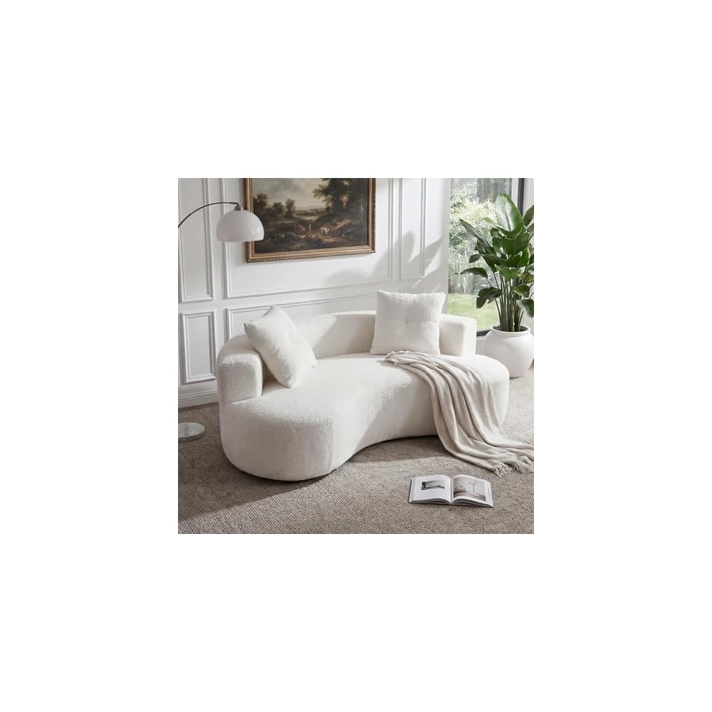 80'' Curved Loveseat Sofa Couch for Living Room, Deep Seat Cloud Boneless Floor Couch with 2 Pillows, Comfy Chenille Floor Sofa, Modern Round Loveseat Sofa for Small Space (CreamWhite, 80 Inch)