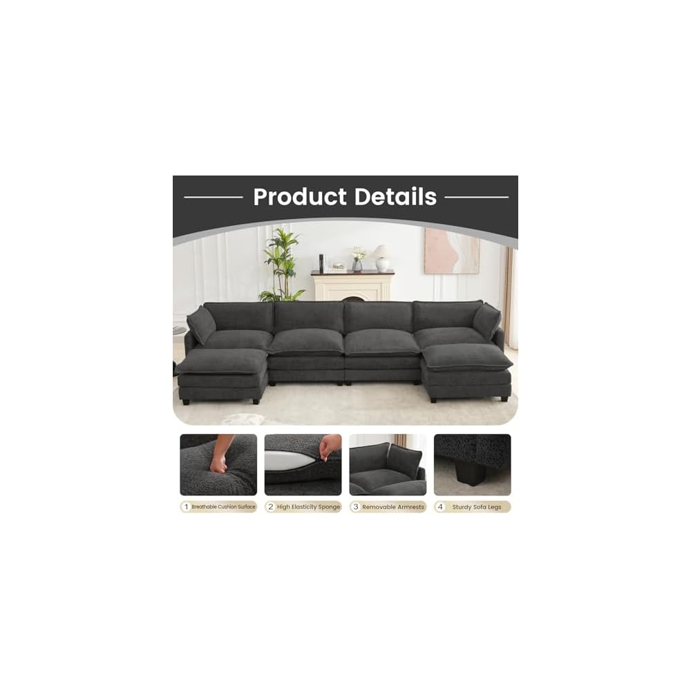 ROWHY Oversized Modular Sectional Couch with 2 Movable Ottoman, 148" Modern Convertible U Shaped Sofa Set, 4 Seat Comfy Cloud Couch with 2 Throw Pillows, for Living Room, Chenille, Charcoal Grey