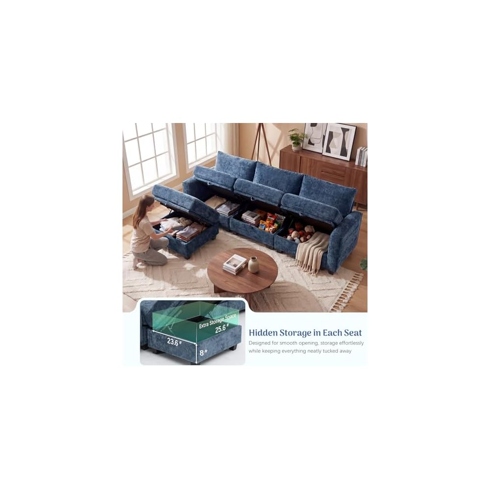 Redlife 98" Modular Sectional Sofa with Ottoman, 4-Seater Chenille Couch