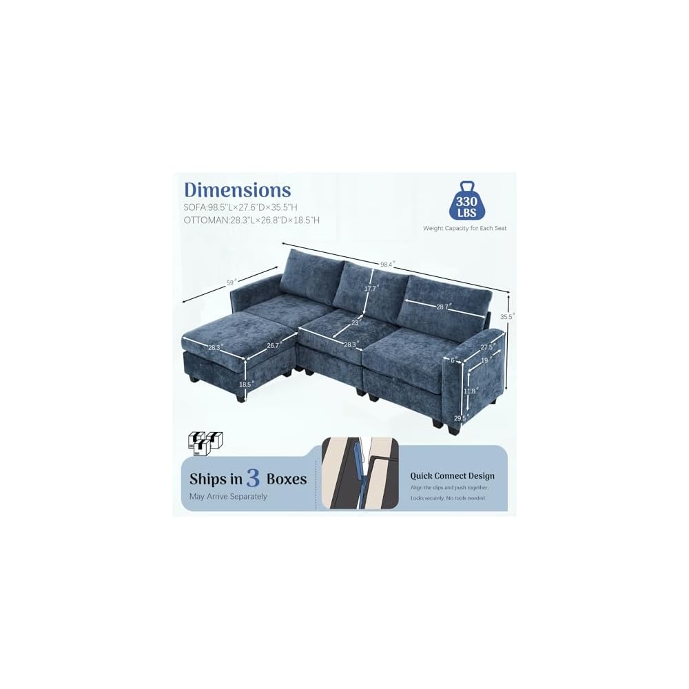 Redlife 98" Modular Sectional Sofa with Ottoman, 4-Seater Chenille Couch