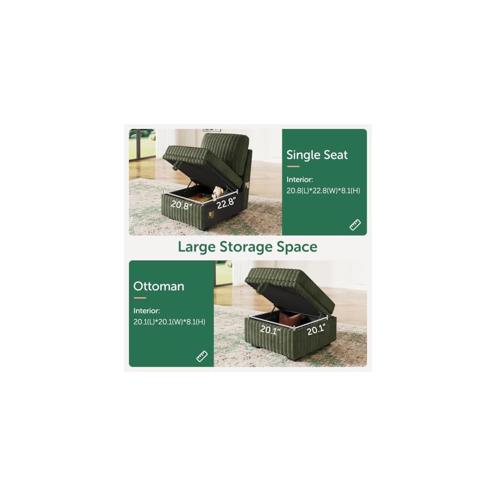 HONBAY Corduroy Modular Sectional Single Seat and an Ottoman,Green