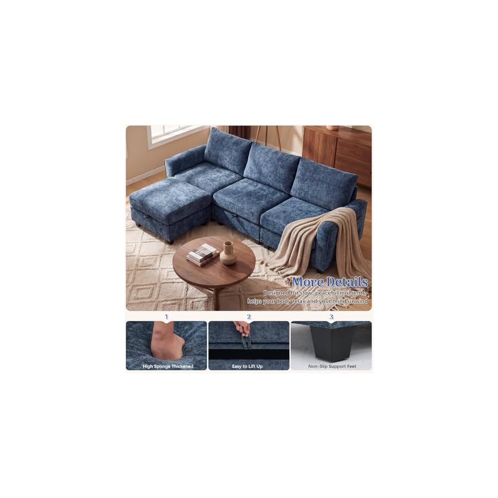 Redlife 98" Modular Sectional Sofa with Ottoman, 4-Seater Chenille Couch
