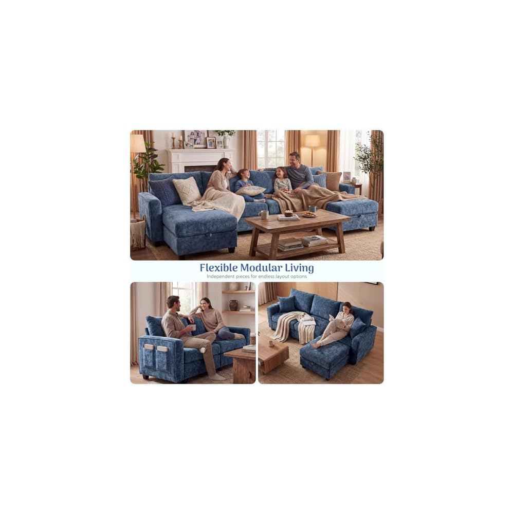 Redlife 98" Modular Sectional Sofa with Ottoman, 4-Seater Chenille Couch