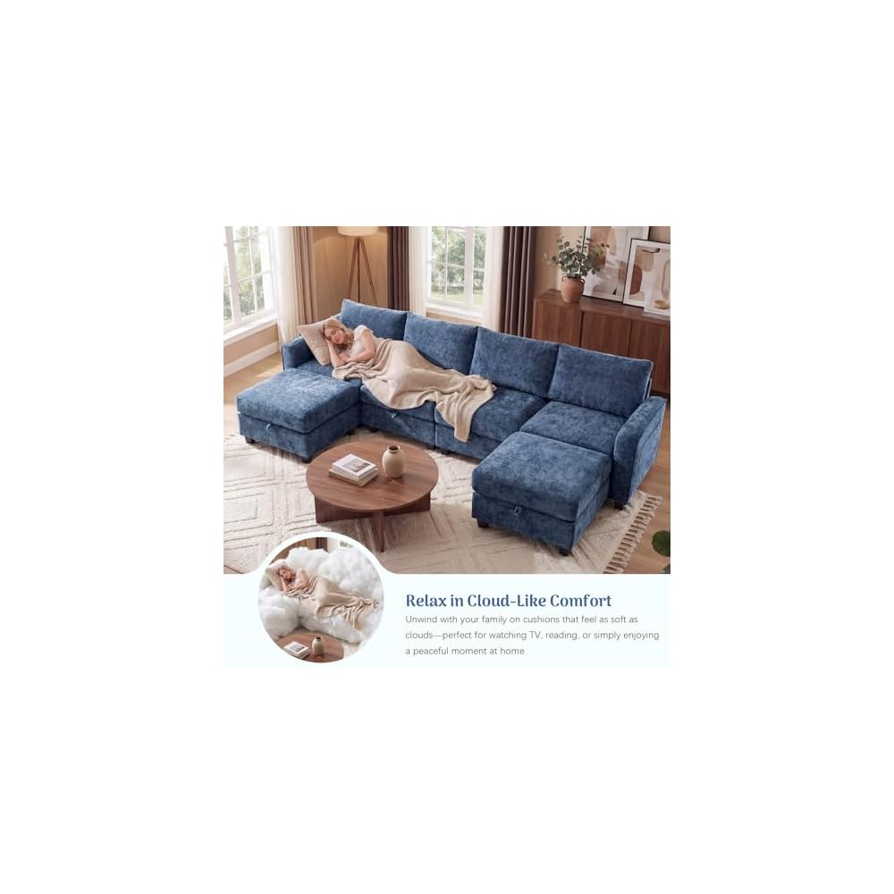 Redlife 98" Modular Sectional Sofa with Ottoman, 4-Seater Chenille Couch