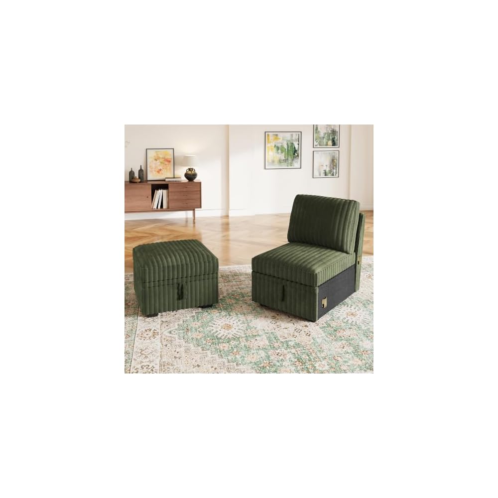 HONBAY Corduroy Modular Sectional Single Seat and an Ottoman,Green
