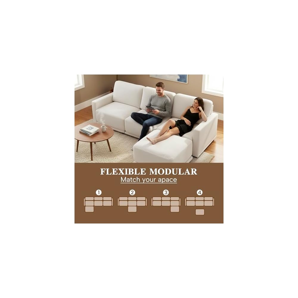 112" L-Shaped Modular Couch, 3 Seater Sofa with Ottoman, White