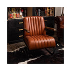 Mid Century Modern Accent Chair, Vintage Leather Lounge Chair with Wood Armrests and Metal Frame, Upholstered Single Sofa for Living Room Bedroom