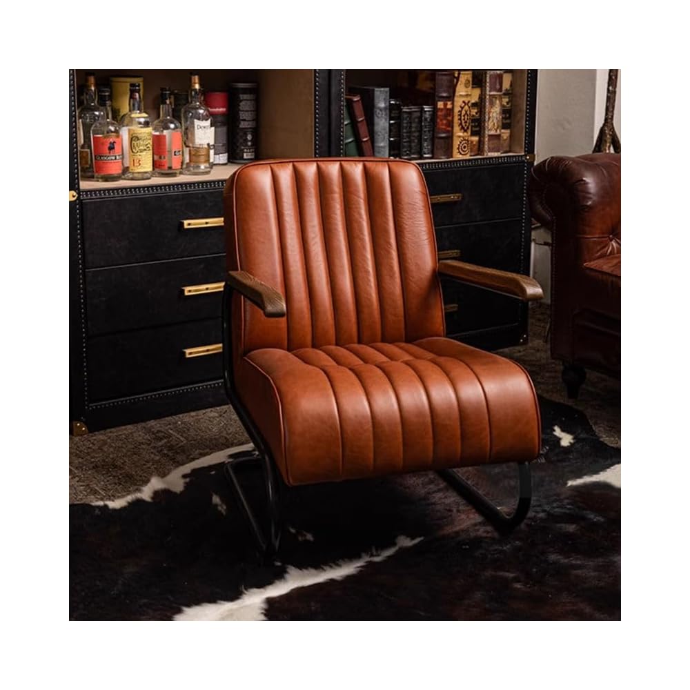 Mid Century Modern Accent Chair, Vintage Leather Lounge Chair with Wood Armrests and Metal Frame, Upholstered Single Sofa for Living Room Bedroom