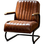 Mid Century Modern Accent Chair, Vintage Leather Lounge Chair with Wood Armrests and Metal Frame, Upholstered Single Sofa for Living Room Bedroom