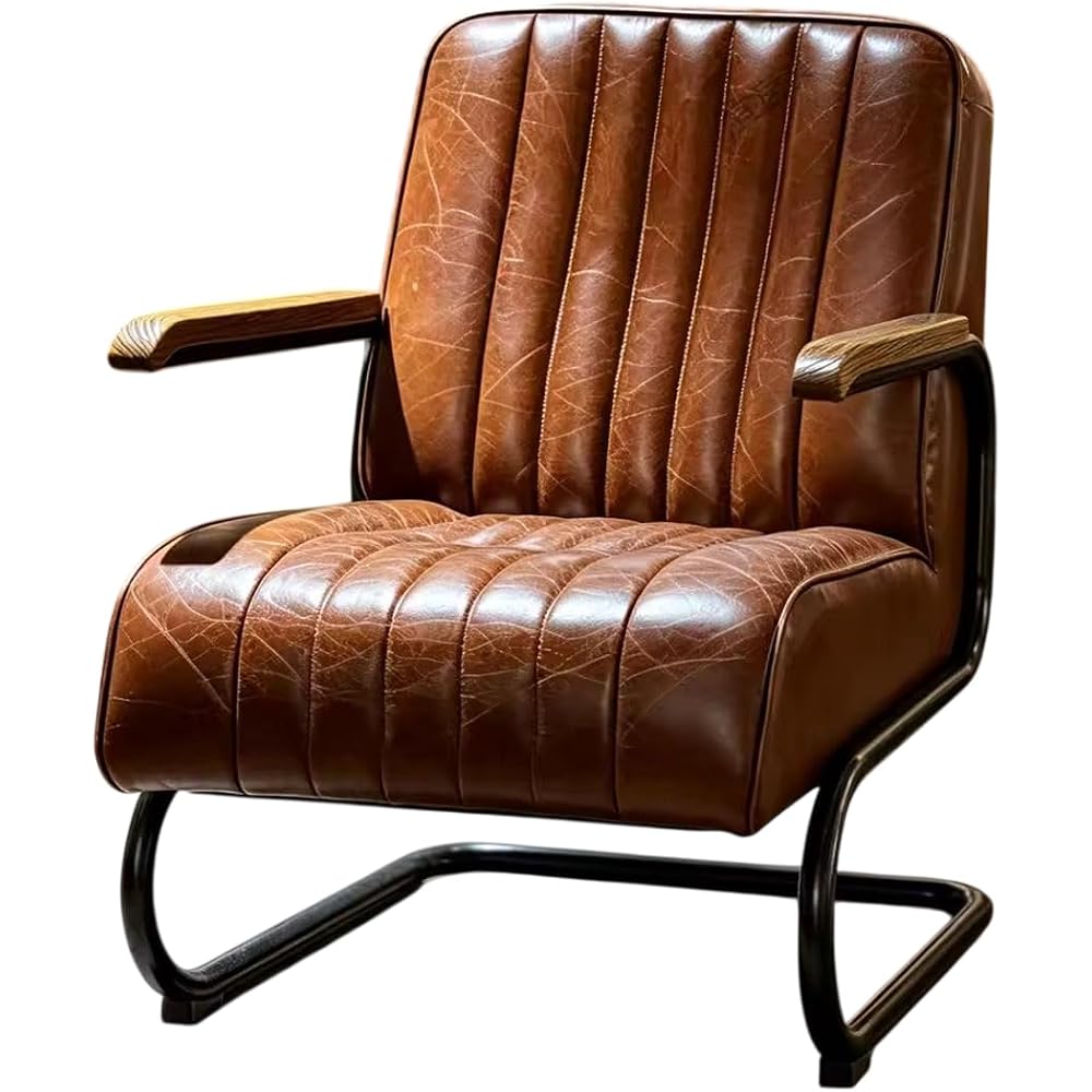 Mid Century Modern Accent Chair, Vintage Leather Lounge Chair with Wood Armrests and Metal Frame, Upholstered Single Sofa for Living Room Bedroom