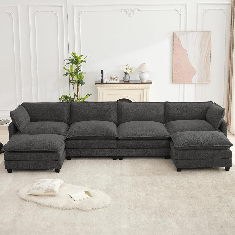 ROWHY Oversized Modular Sectional Couch with 2 Movable Ottoman, 148" Modern Convertible U Shaped Sofa Set, 4 Seat Comfy Cloud Couch with 2 Throw Pillows, for Living Room, Chenille, Charcoal Grey