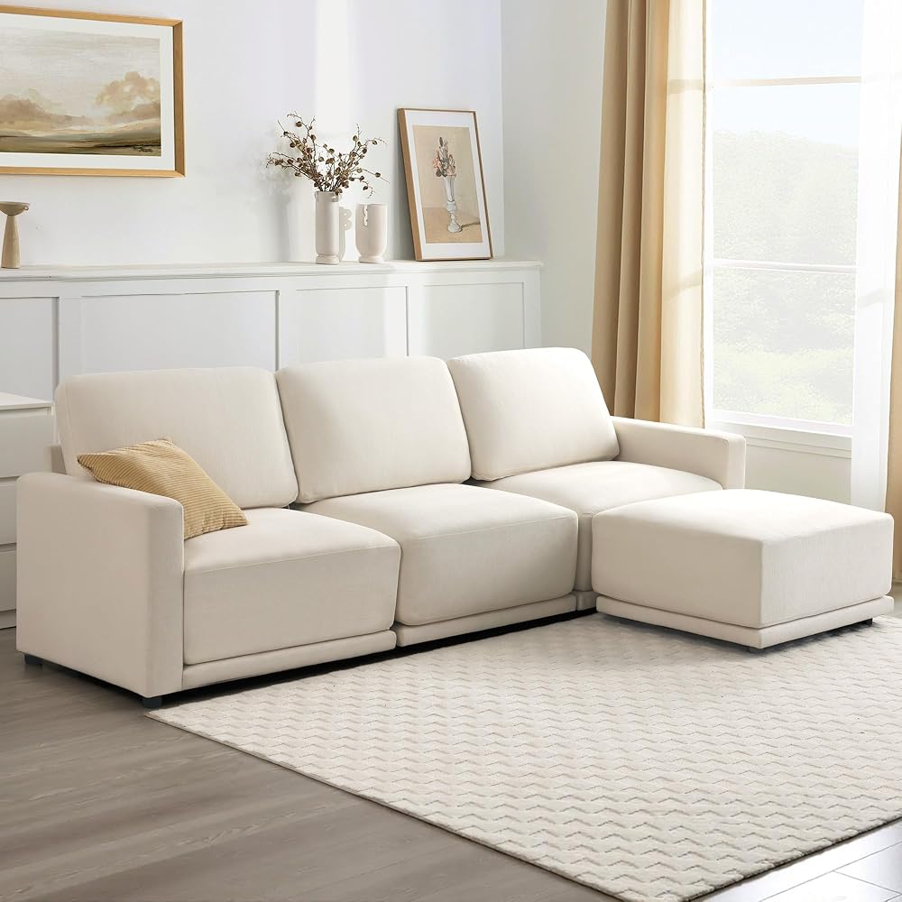 112" L-Shaped Modular Couch, 3 Seater Sofa with Ottoman, White