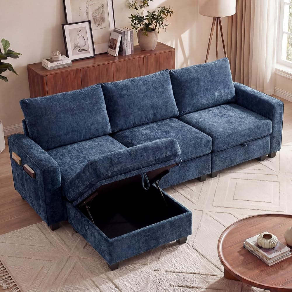 Redlife 98" Modular Sectional Sofa with Ottoman, 4-Seater Chenille Couch