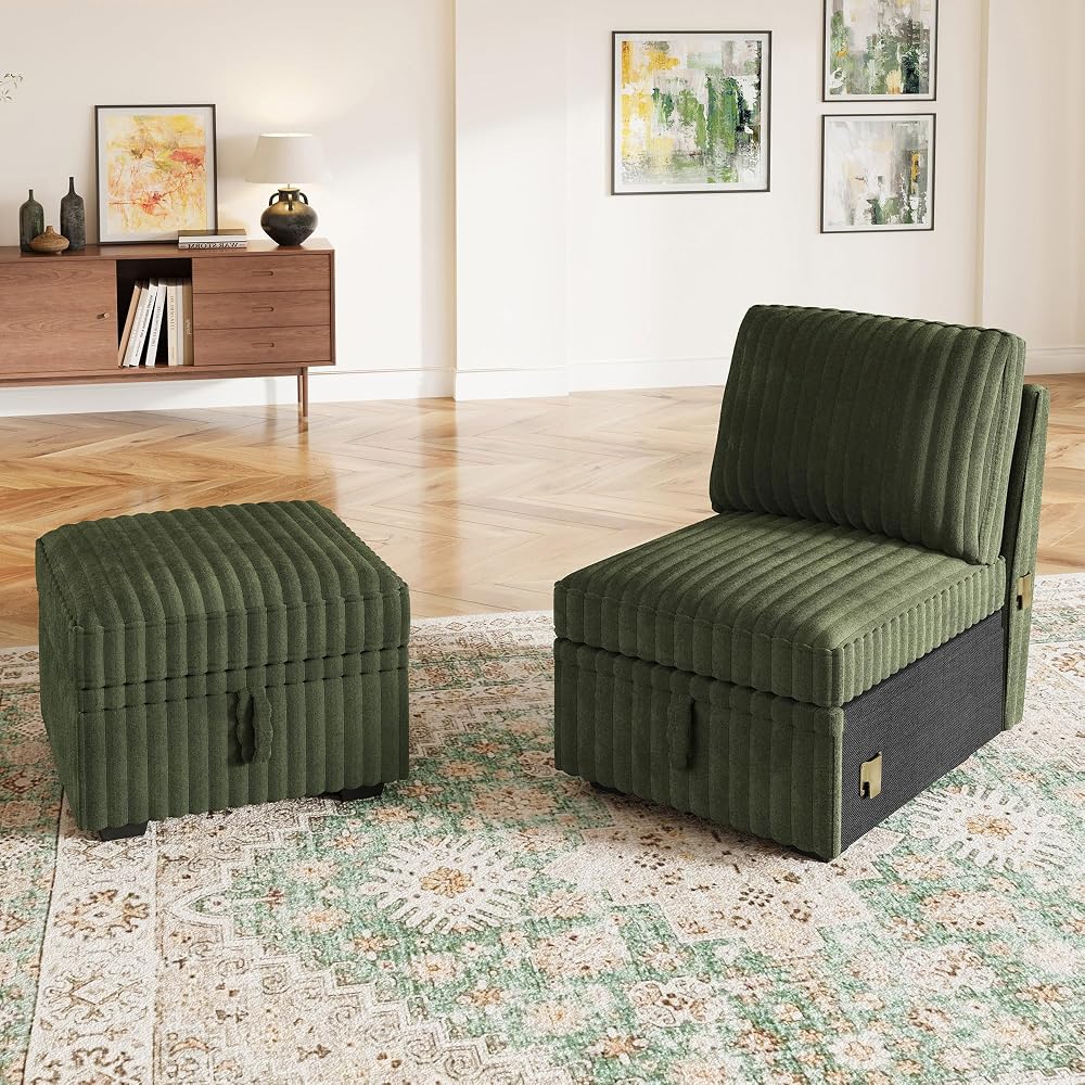 HONBAY Corduroy Modular Sectional Single Seat and an Ottoman,Green
